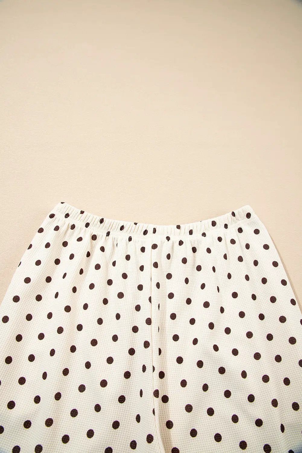 Grateful Threads Boutique White Polka Dot Print Notched Neck Long Sleeve Top Drawstring Pants Textured Lounge Set - Loungewear White Polka Dot Print Notched Neck Long Sleeve Top Drawstring Pants Textured Lounge Set