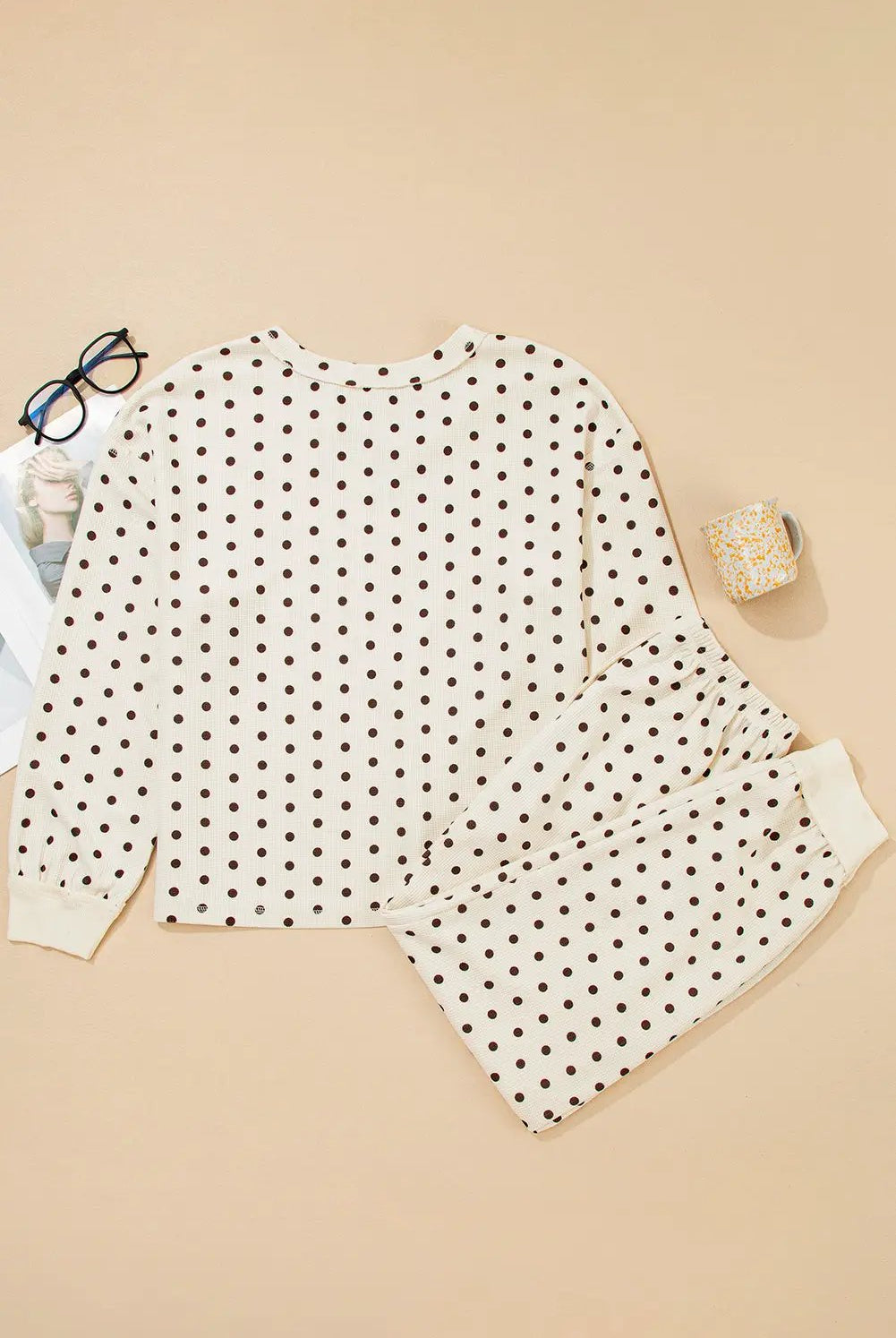 Grateful Threads Boutique White Polka Dot Print Notched Neck Long Sleeve Top Drawstring Pants Textured Lounge Set - Loungewear White Polka Dot Print Notched Neck Long Sleeve Top Drawstring Pants Textured Lounge Set
