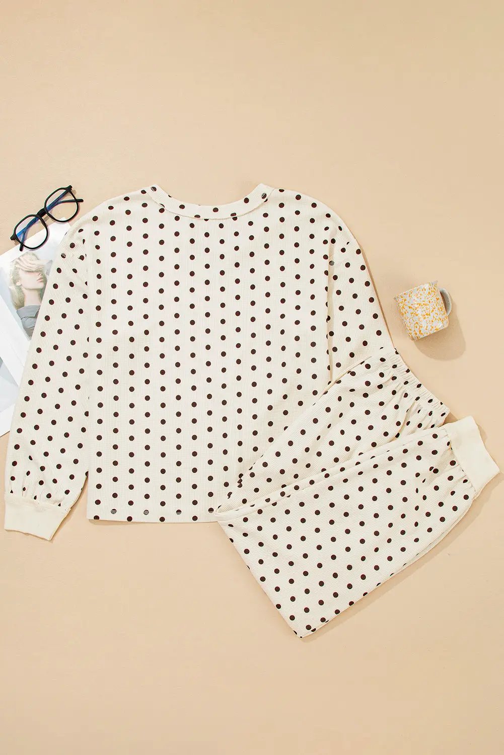 Grateful Threads Boutique White Polka Dot Print Notched Neck Long Sleeve Top Drawstring Pants Textured Lounge Set - Loungewear White Polka Dot Print Notched Neck Long Sleeve Top Drawstring Pants Textured Lounge Set