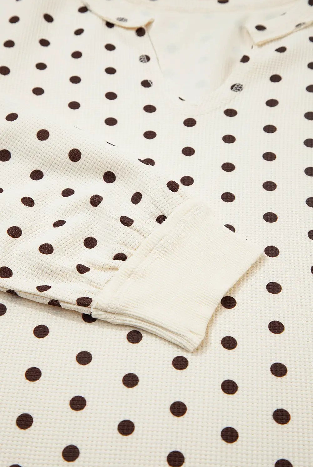 Grateful Threads Boutique White Polka Dot Print Notched Neck Long Sleeve Top Drawstring Pants Textured Lounge Set - Loungewear White Polka Dot Print Notched Neck Long Sleeve Top Drawstring Pants Textured Lounge Set