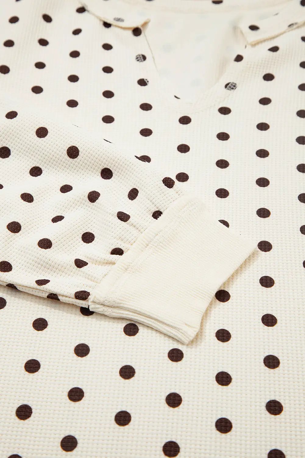 Grateful Threads Boutique White Polka Dot Print Notched Neck Long Sleeve Top Drawstring Pants Textured Lounge Set - Loungewear White Polka Dot Print Notched Neck Long Sleeve Top Drawstring Pants Textured Lounge Set
