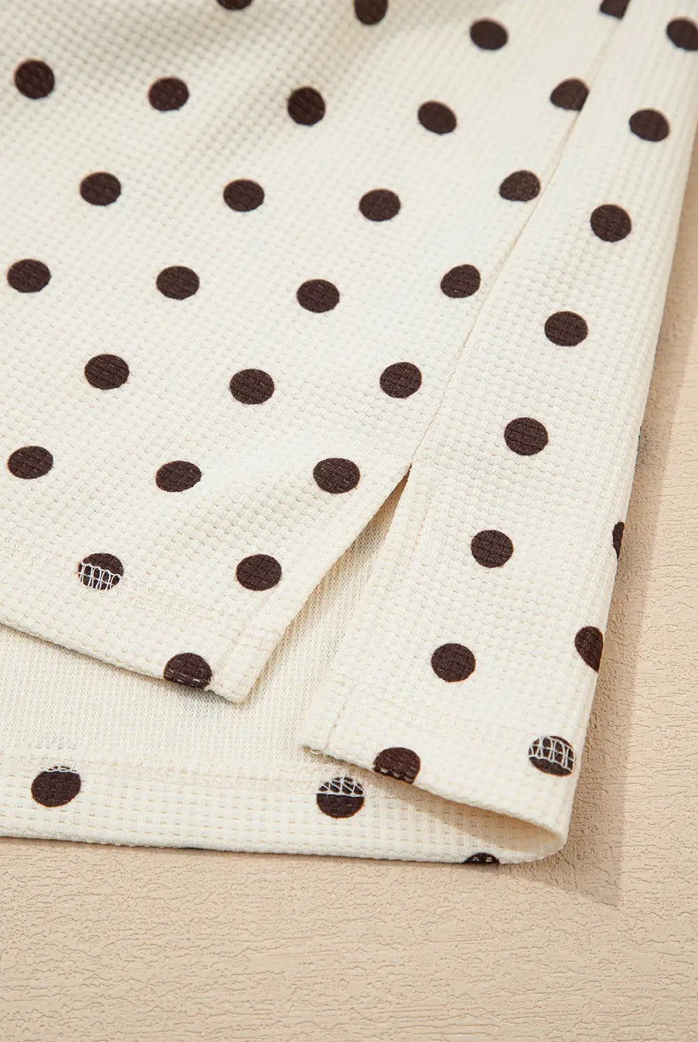 Grateful Threads Boutique White Polka Dot Print Notched Neck Long Sleeve Top Drawstring Pants Textured Lounge Set - Loungewear White Polka Dot Print Notched Neck Long Sleeve Top Drawstring Pants Textured Lounge Set
