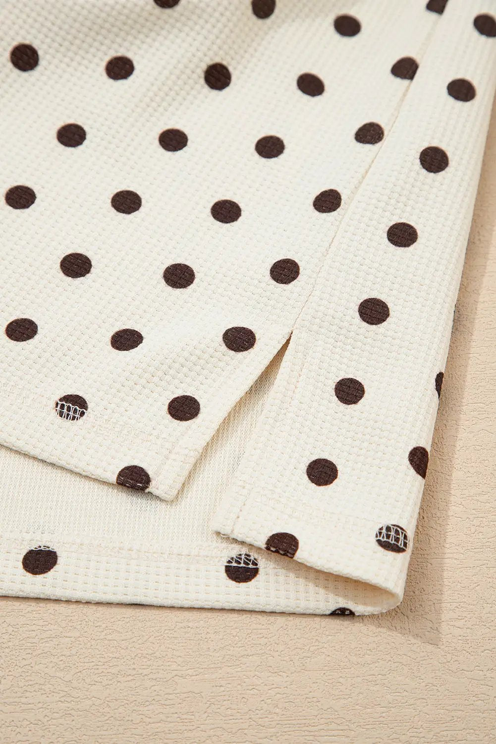 Grateful Threads Boutique White Polka Dot Print Notched Neck Long Sleeve Top Drawstring Pants Textured Lounge Set - Loungewear White Polka Dot Print Notched Neck Long Sleeve Top Drawstring Pants Textured Lounge Set