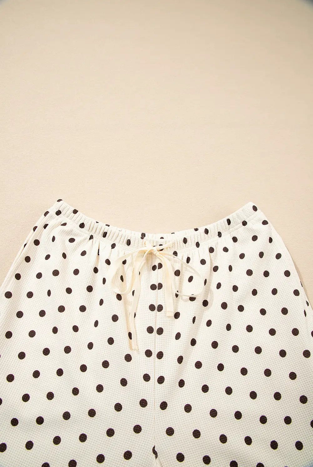 Grateful Threads Boutique White Polka Dot Print Notched Neck Long Sleeve Top Drawstring Pants Textured Lounge Set - Loungewear White Polka Dot Print Notched Neck Long Sleeve Top Drawstring Pants Textured Lounge Set