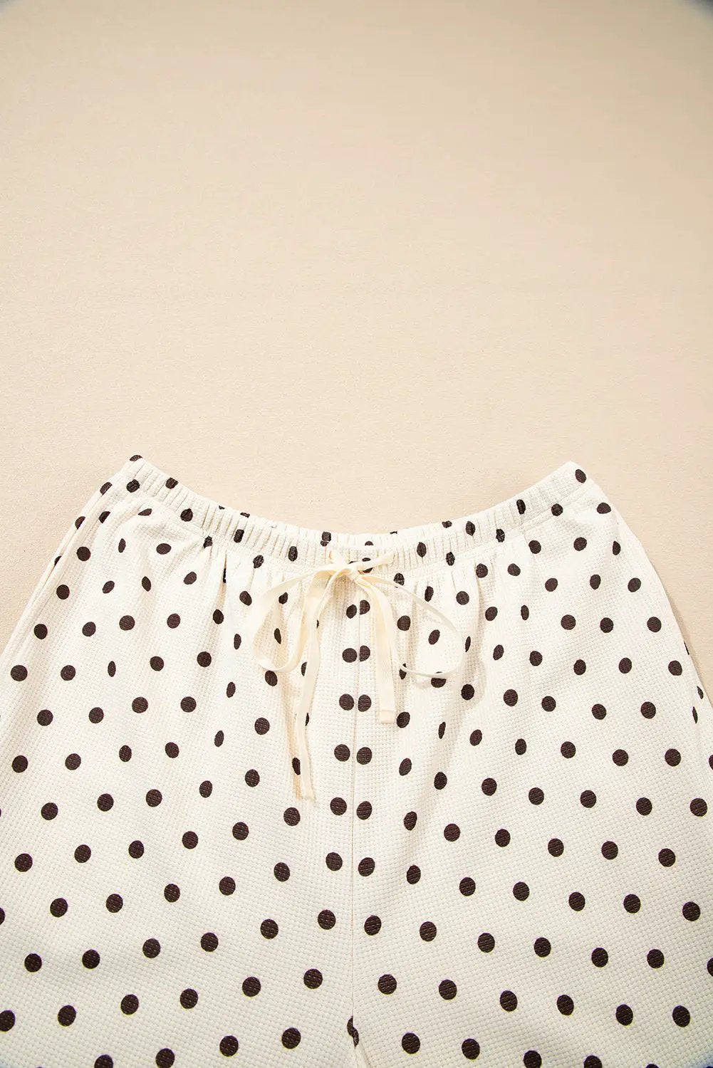 Grateful Threads Boutique White Polka Dot Print Notched Neck Long Sleeve Top Drawstring Pants Textured Lounge Set - Loungewear White Polka Dot Print Notched Neck Long Sleeve Top Drawstring Pants Textured Lounge Set