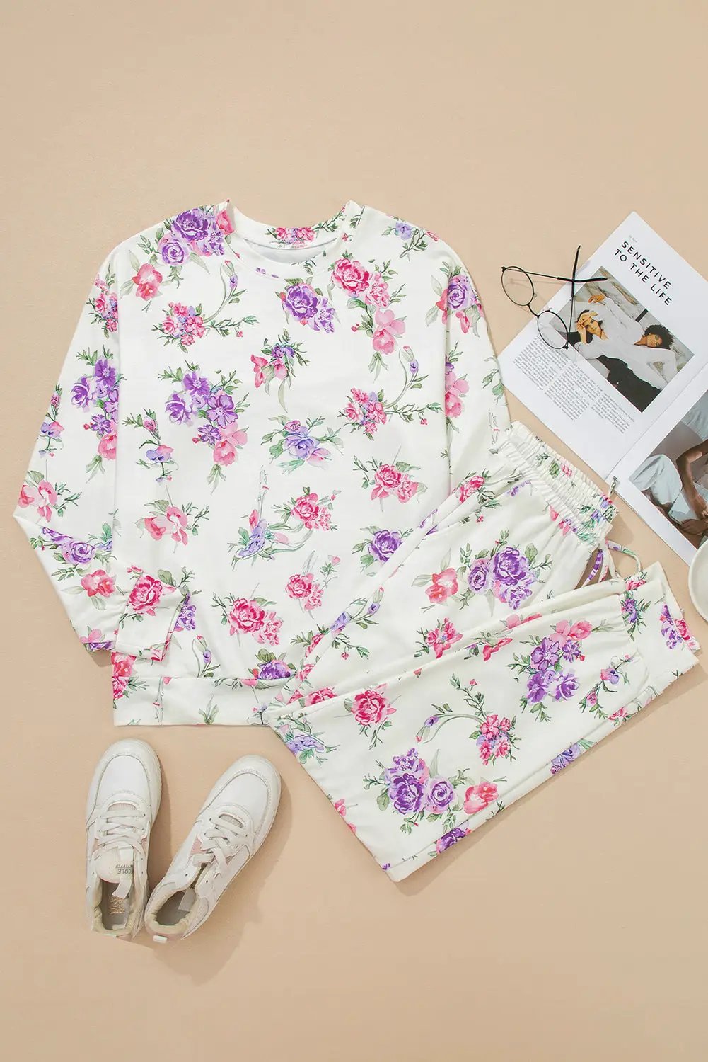 Grateful Threads Boutique Wildflower Dreams Lounge Set - Loungewear Apricot Floral Print Pullover Drawstring Lounge Pant Set