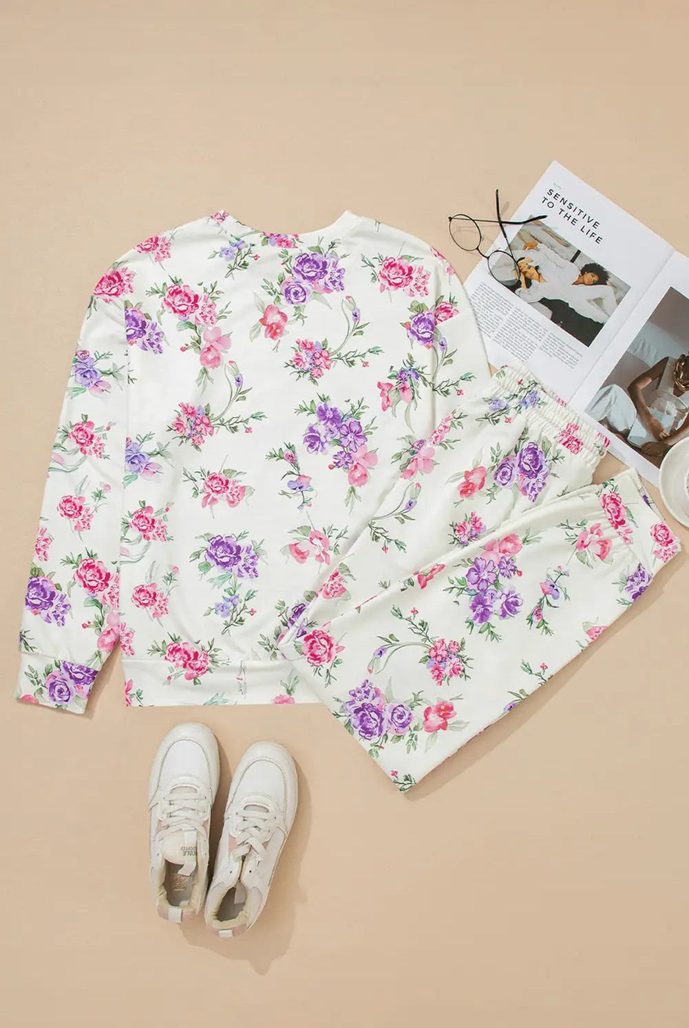 Grateful Threads Boutique Wildflower Dreams Lounge Set - Loungewear Apricot Floral Print Pullover Drawstring Lounge Pant Set