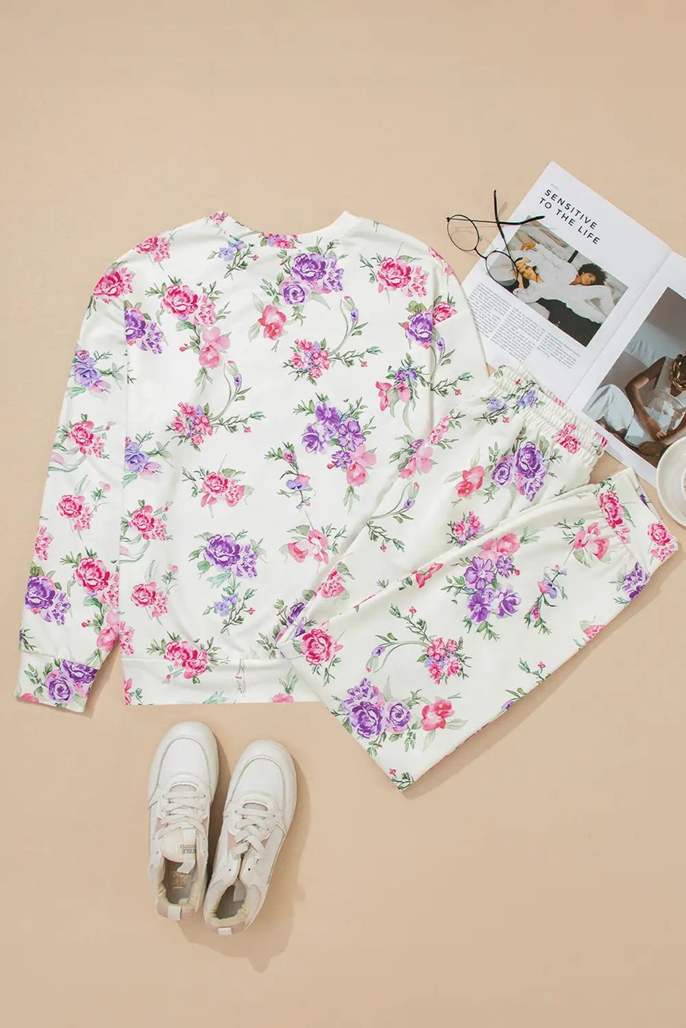 Grateful Threads Boutique Wildflower Dreams Lounge Set - Loungewear Apricot Floral Print Pullover Drawstring Lounge Pant Set