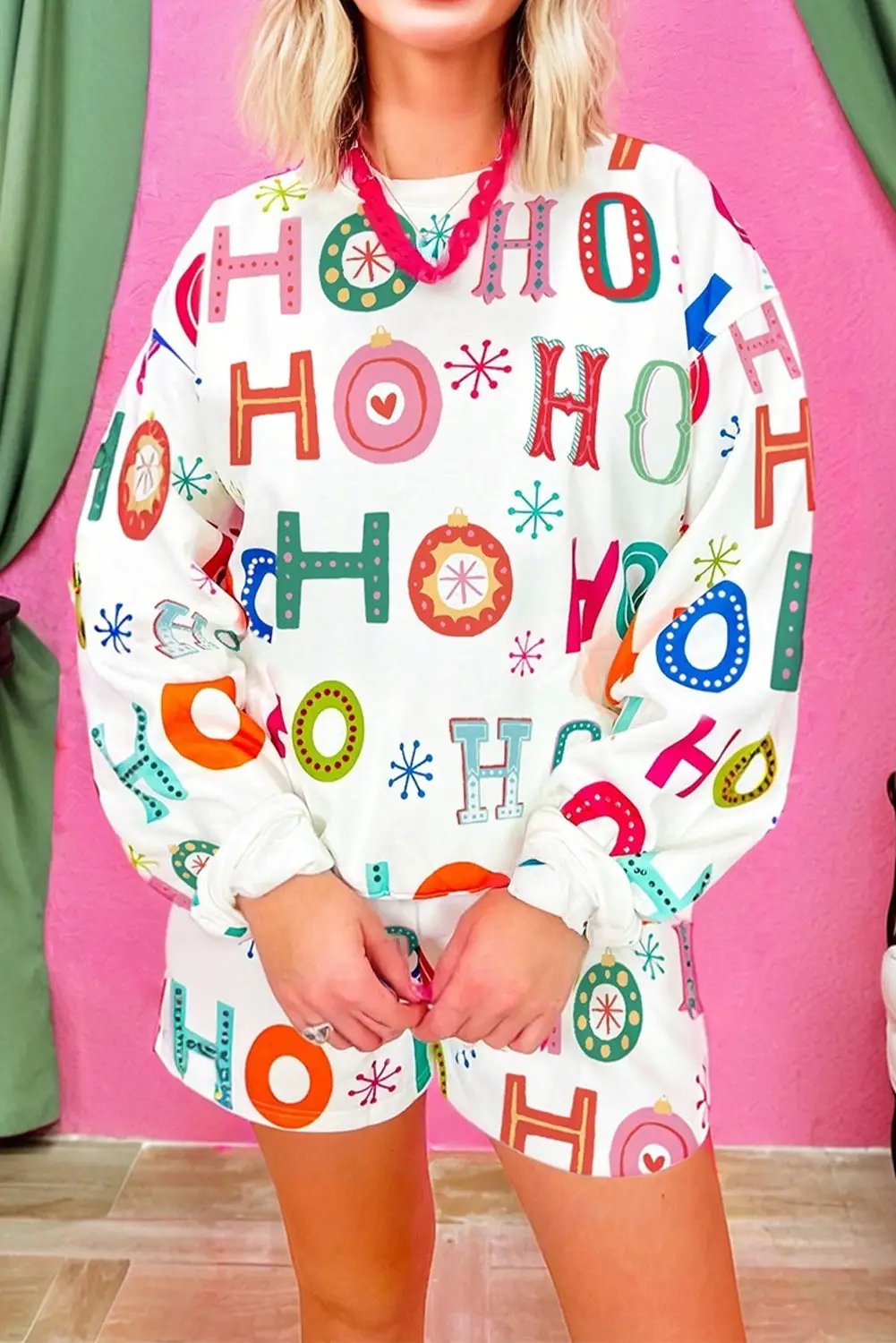 Grateful Threads Boutique Holly Jolly HO HO HO Lounge Set - Loungewear White Ho Ho Ho Rhinestone Embellised Letter Graphic 2pcs Lounge Set