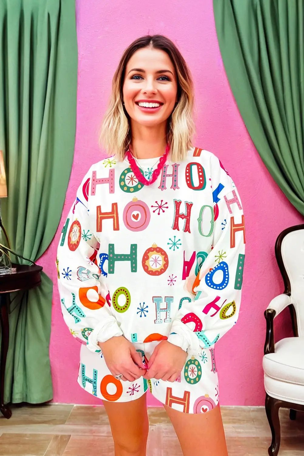 Grateful Threads Boutique Holly Jolly HO HO HO Lounge Set - Loungewear White Ho Ho Ho Rhinestone Embellised Letter Graphic 2pcs Lounge Set