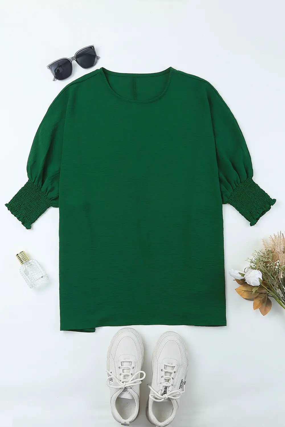 Grateful Threads Boutique Emerald Ease Smocked Cuff Blouse - Blouses Green Smocked Wrist Shift Top