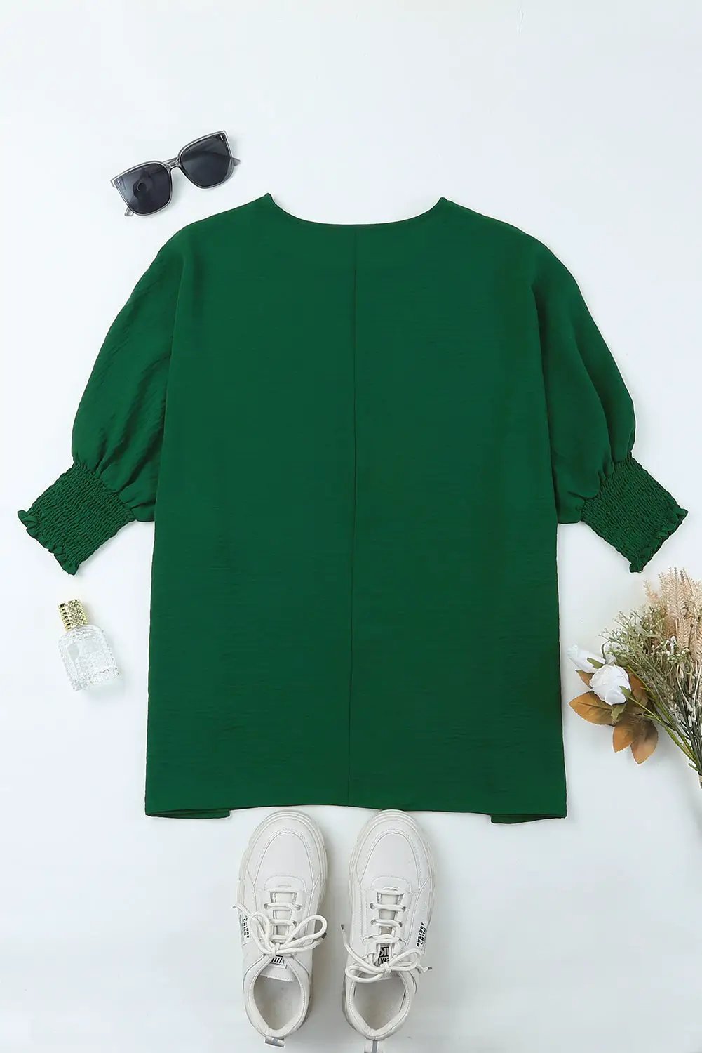 Grateful Threads Boutique Emerald Ease Smocked Cuff Blouse - Blouses Green Smocked Wrist Shift Top