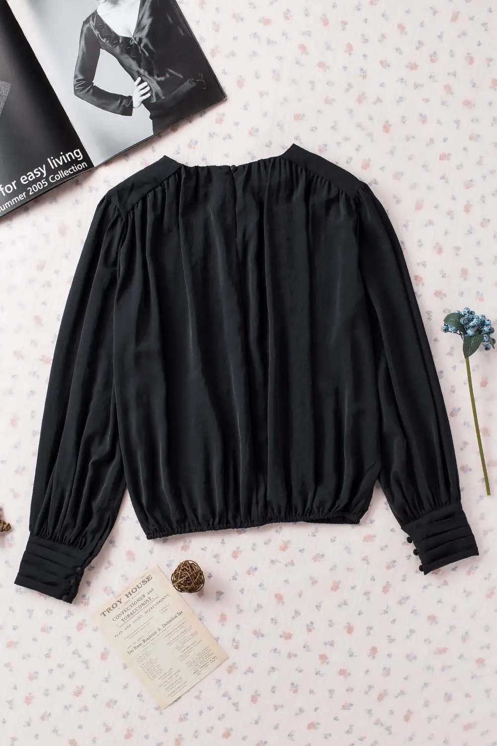 Grateful Threads Boutique Black Padded Shoulder Buttoned Cuffs Pleated Loose Blouse - Blouses top-blouse