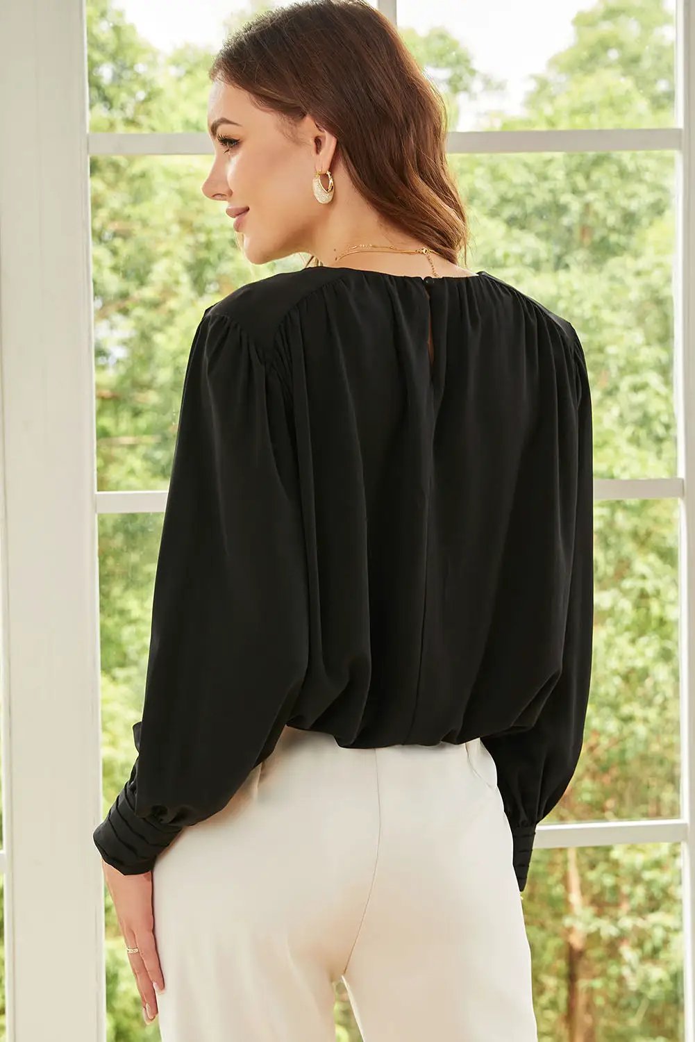 Grateful Threads Boutique Black Padded Shoulder Buttoned Cuffs Pleated Loose Blouse - Blouses top-blouse