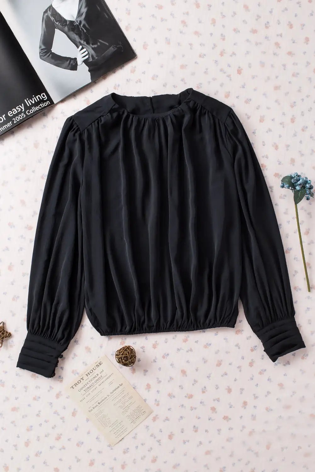 Grateful Threads Boutique Black Padded Shoulder Buttoned Cuffs Pleated Loose Blouse - Blouses top-blouse