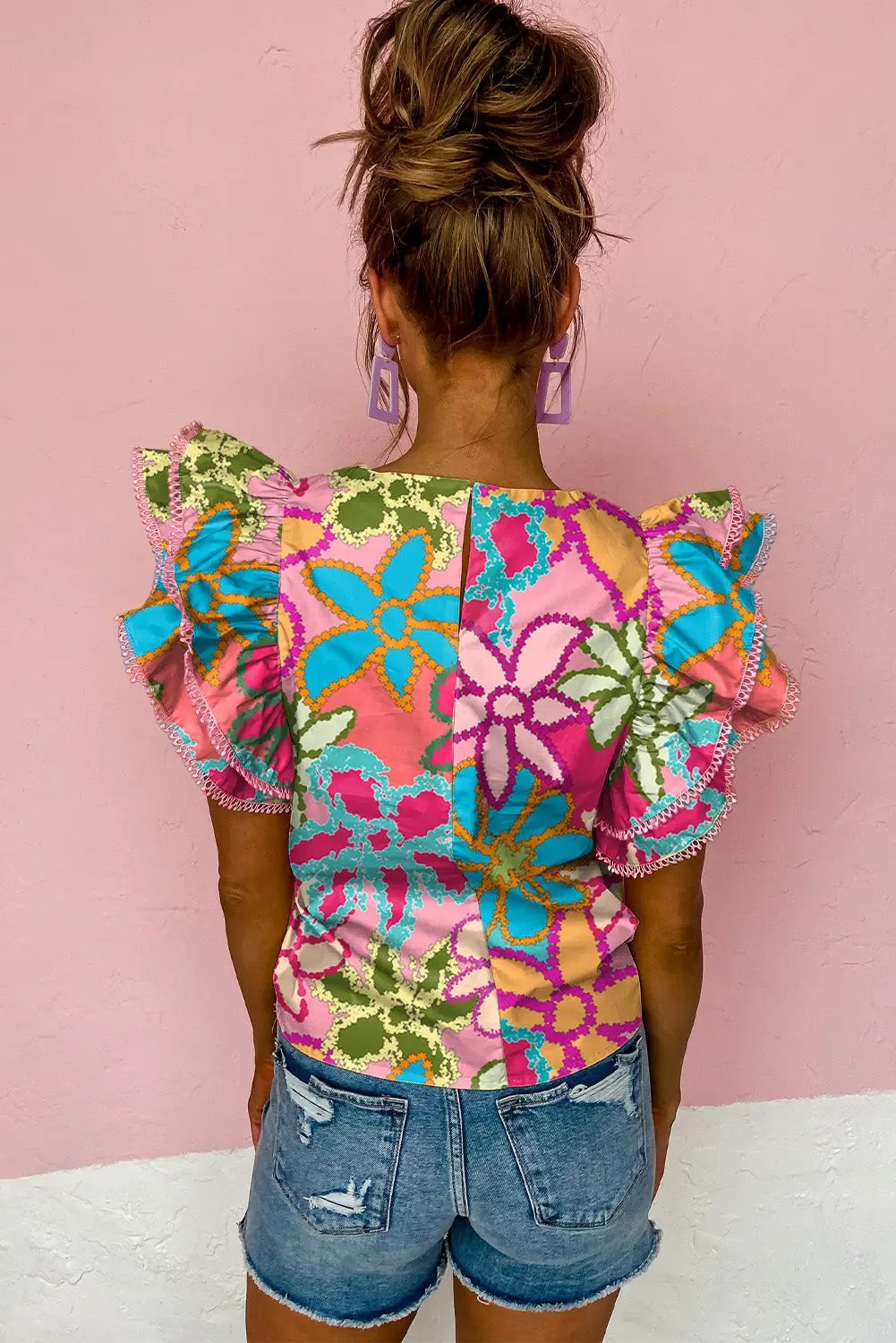 Grateful Threads Boutique Multicolor Vibrant Floral Print Trimmed Ruffle Sleeve Blouse - Blouses Multicolor Vibrant Floral Print Trimmed Ruffle Sleeve Blouse