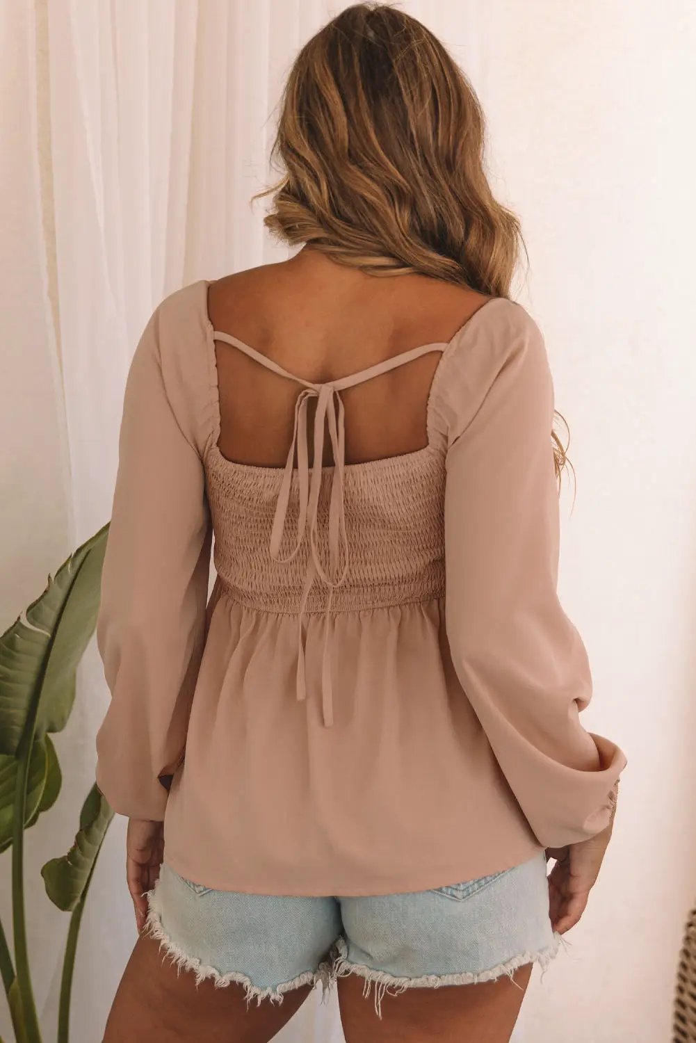 Grateful Threads Boutique V Neck Smocked Back Peplum Blouse - Blouses