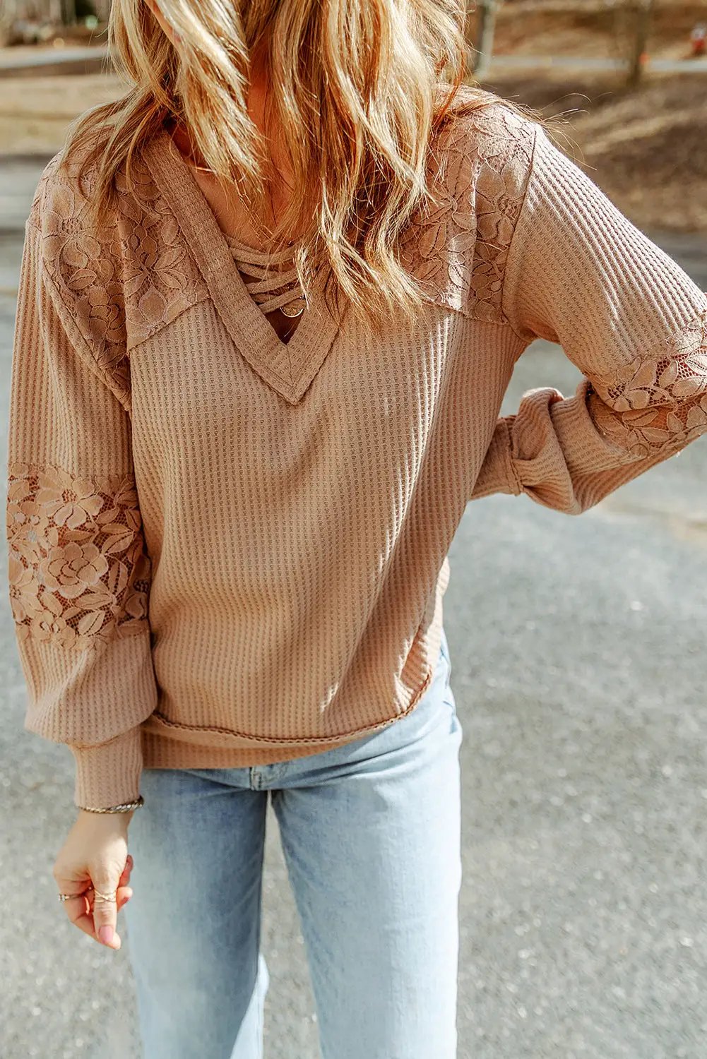 Grateful Threads Boutique Apricot Lace Waffle Patchwork Strappy V-Neck Long Sleeve Top - Shirts