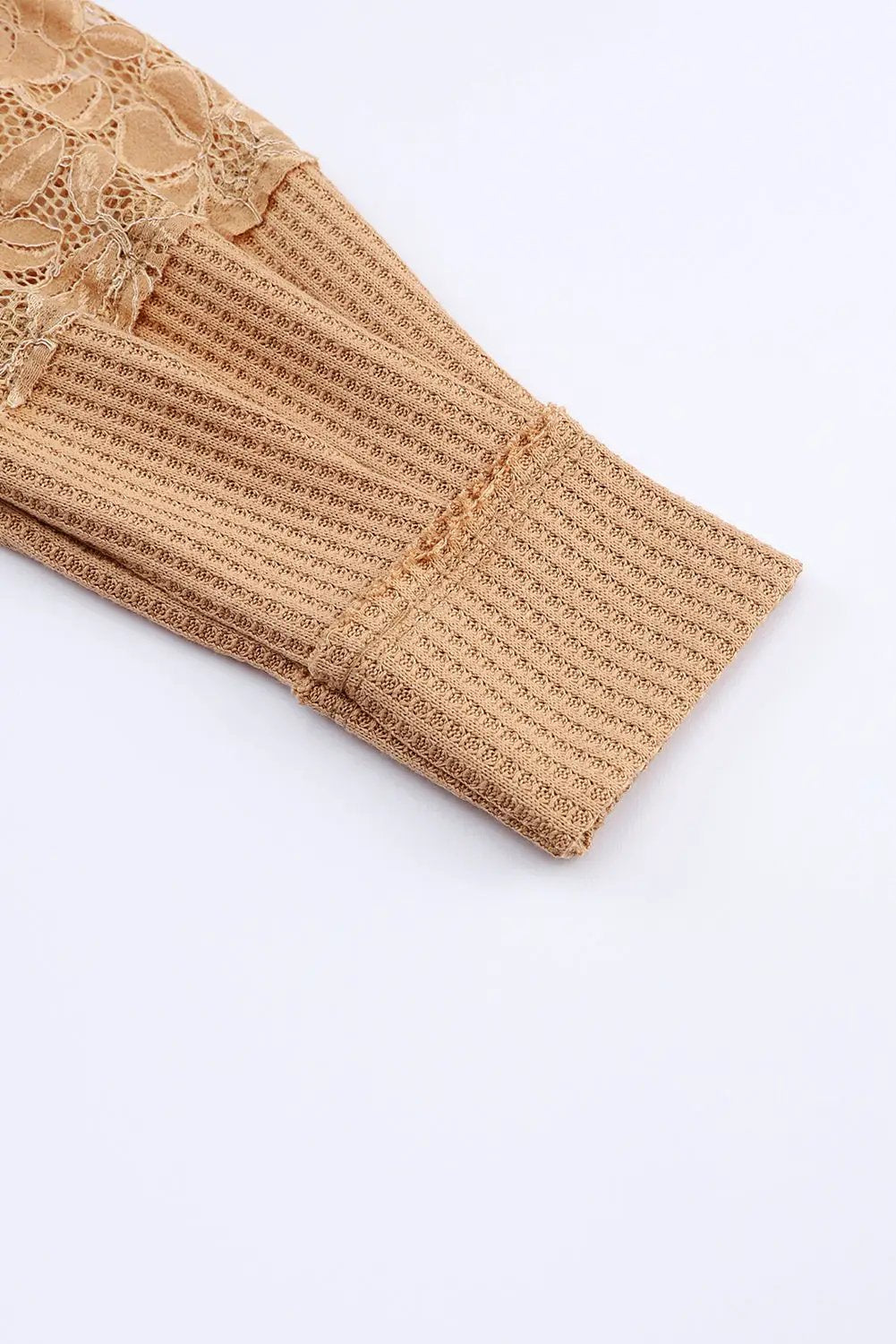 Grateful Threads Boutique Apricot Lace Waffle Patchwork Strappy V-Neck Long Sleeve Top - Shirts
