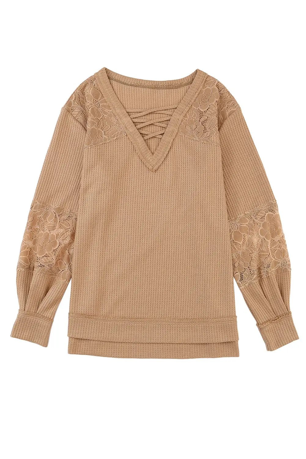 Grateful Threads Boutique Apricot Lace Waffle Patchwork Strappy V-Neck Long Sleeve Top - Shirts