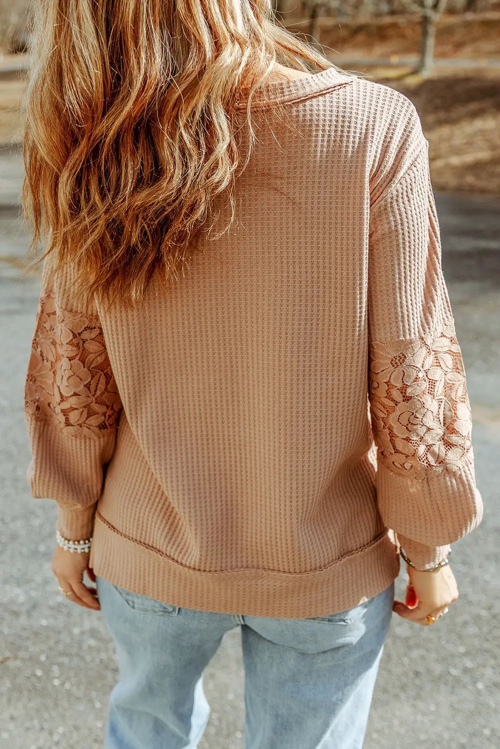 Grateful Threads Boutique Apricot Lace Waffle Patchwork Strappy V-Neck Long Sleeve Top - Shirts