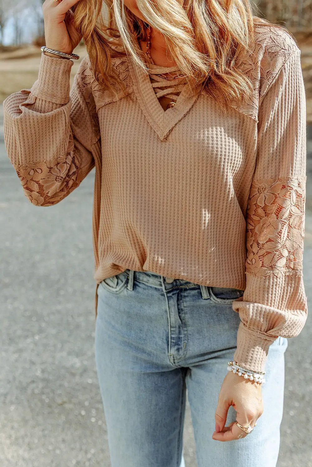 Grateful Threads Boutique Apricot Lace Waffle Patchwork Strappy V-Neck Long Sleeve Top - Shirts