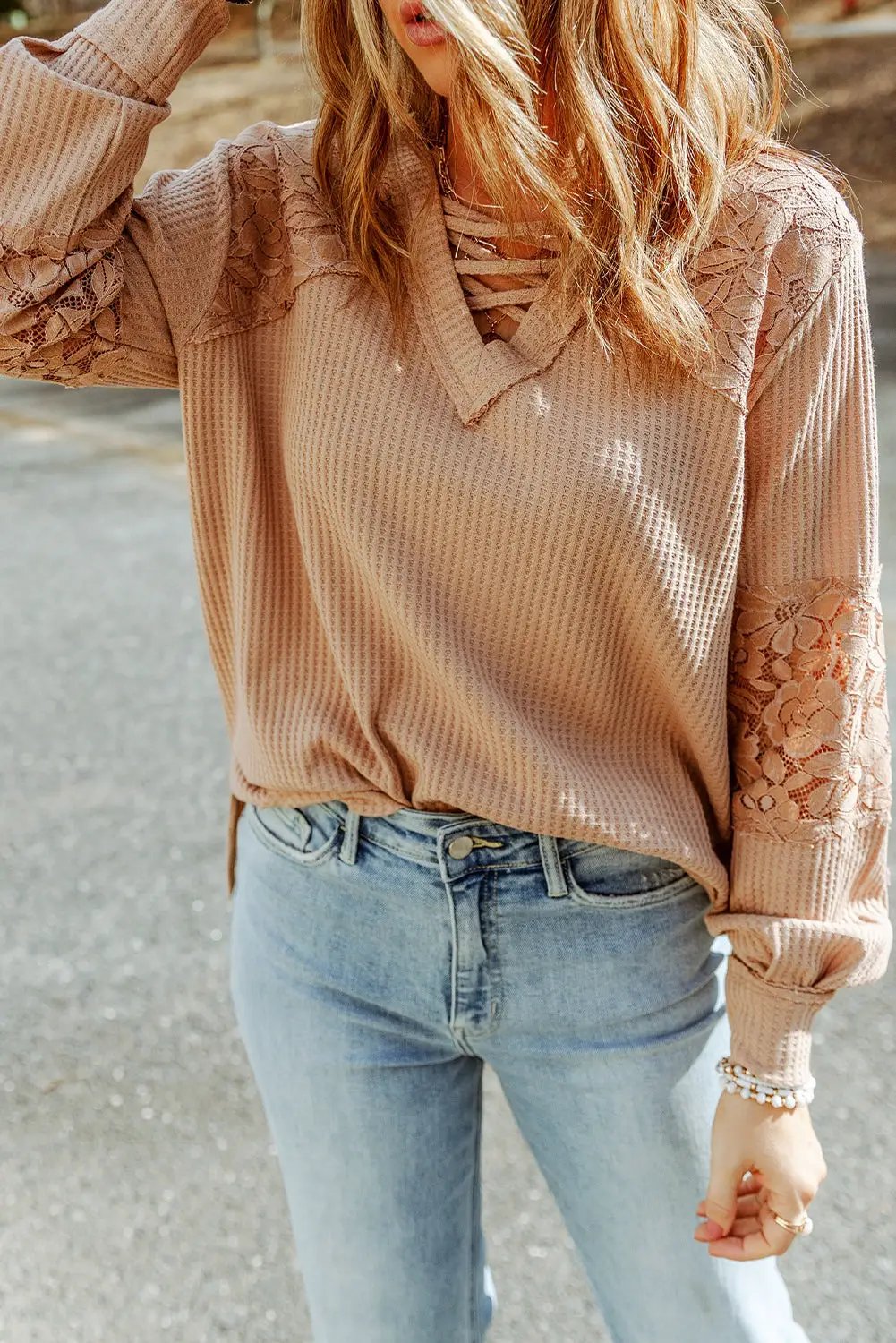 Grateful Threads Boutique Apricot Lace Waffle Patchwork Strappy V-Neck Long Sleeve Top - Shirts
