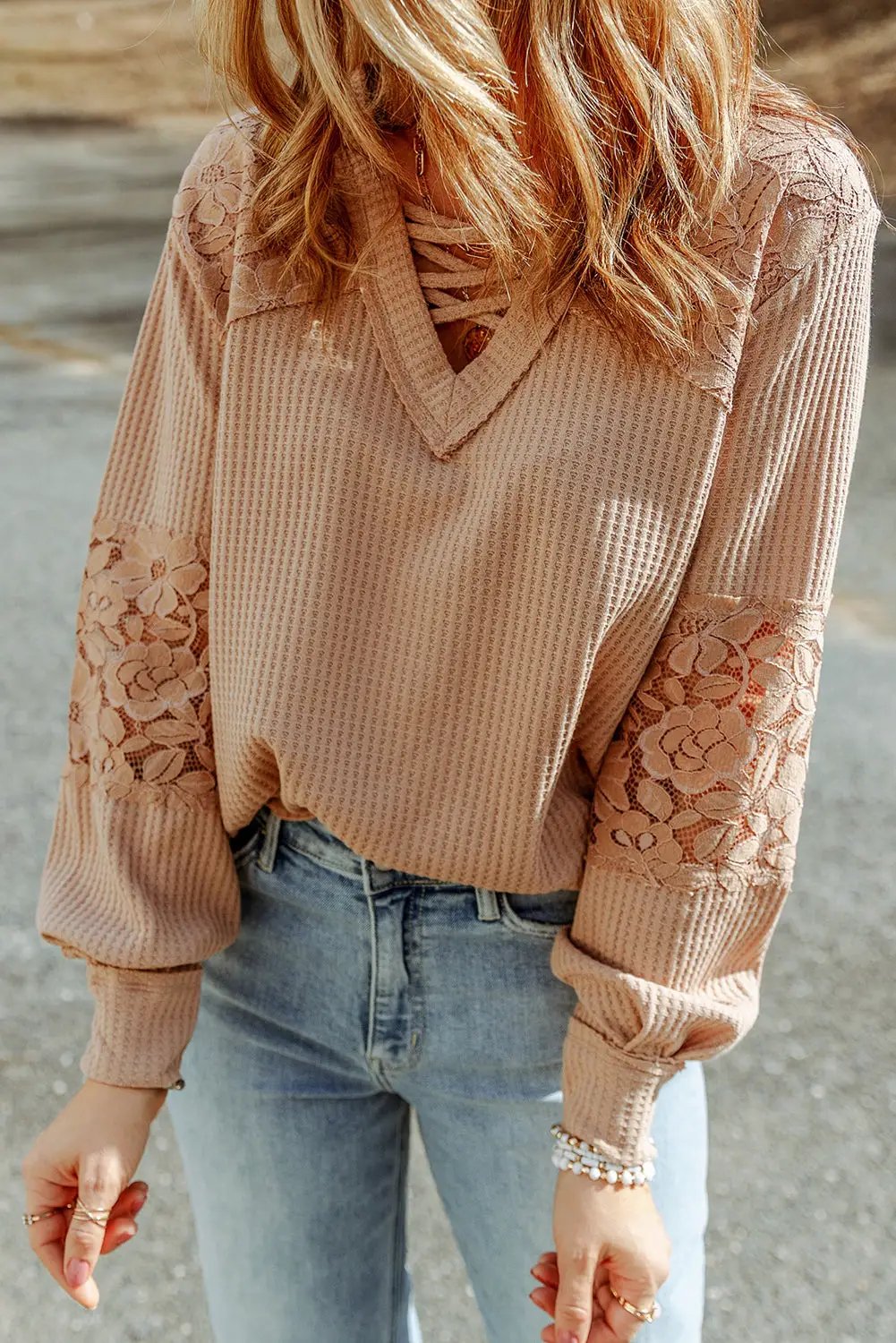 Grateful Threads Boutique Apricot Lace Waffle Patchwork Strappy V-Neck Long Sleeve Top - Shirts
