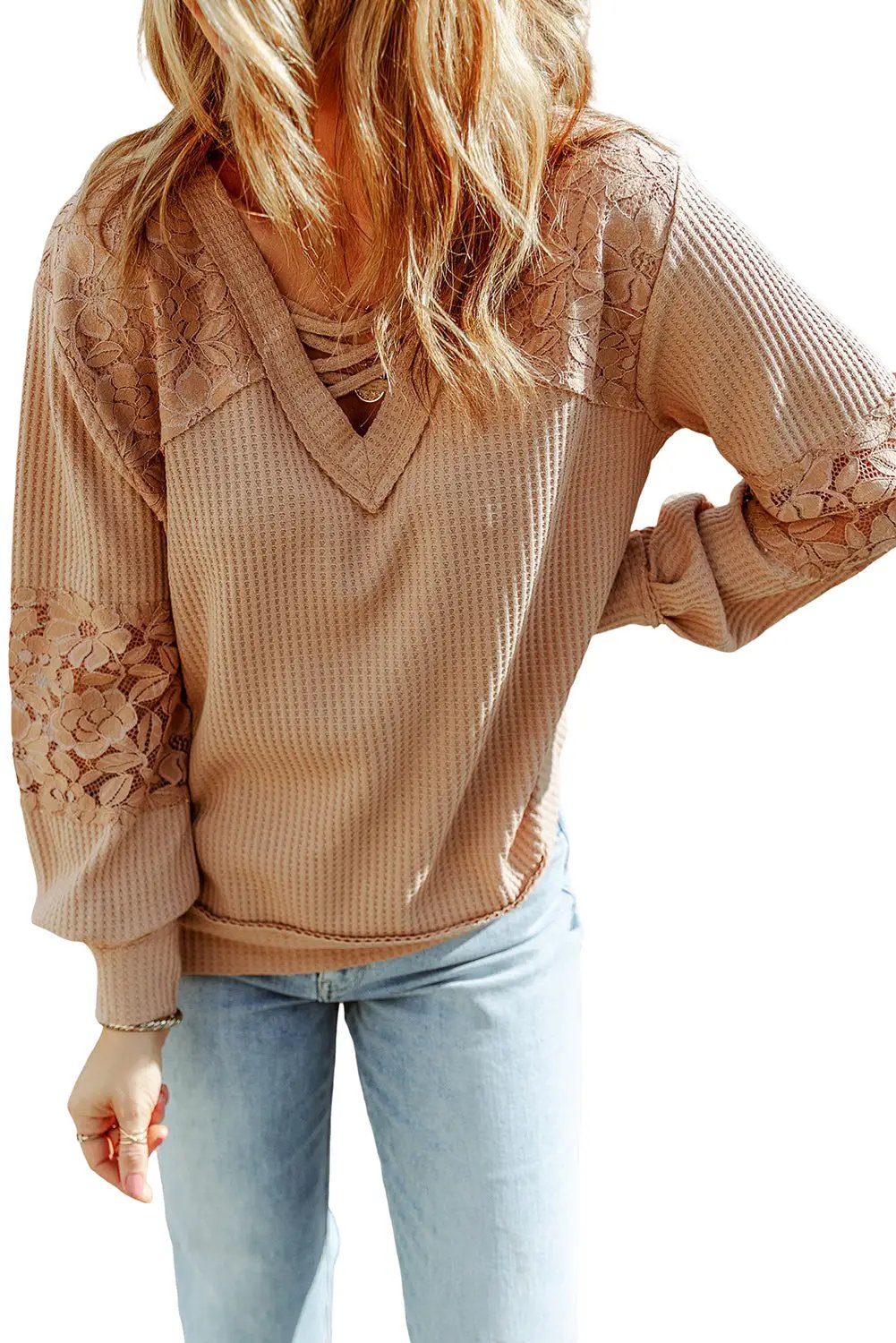 Grateful Threads Boutique Apricot Lace Waffle Patchwork Strappy V-Neck Long Sleeve Top - Shirts