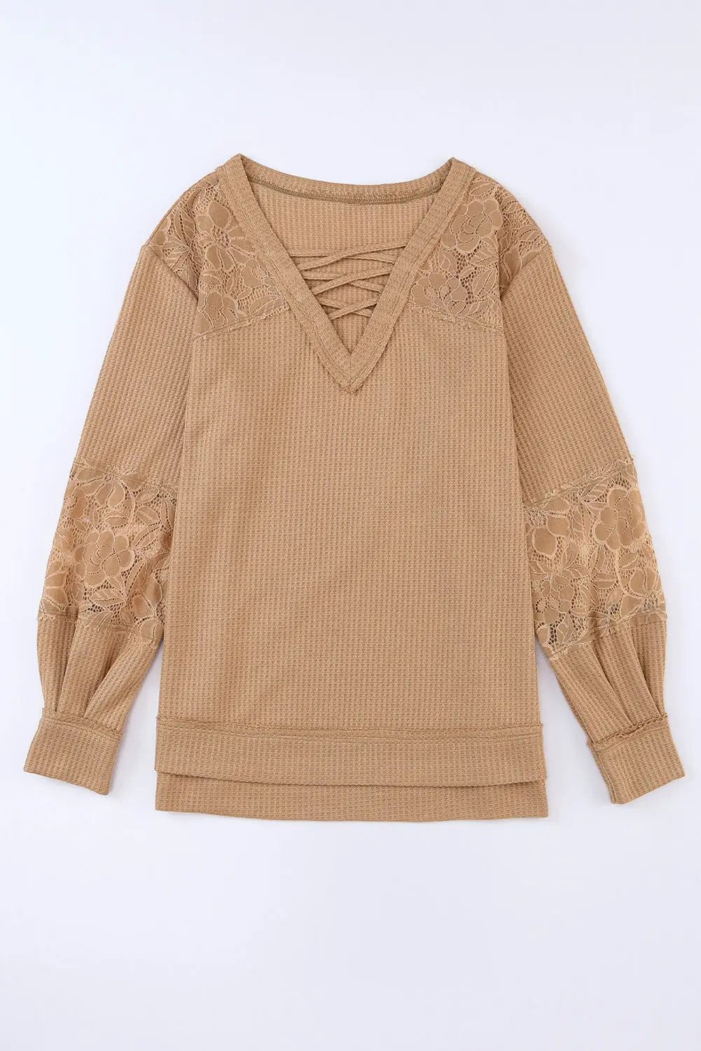 Grateful Threads Boutique Apricot Lace Waffle Patchwork Strappy V-Neck Long Sleeve Top - Shirts