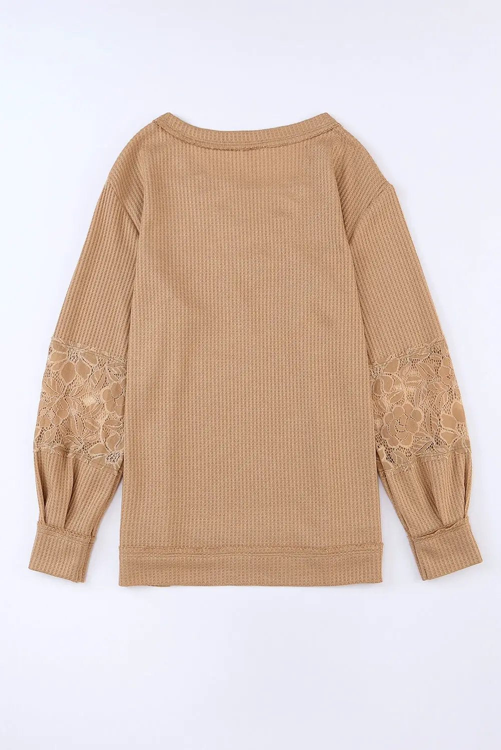 Grateful Threads Boutique Apricot Lace Waffle Patchwork Strappy V-Neck Long Sleeve Top - Shirts