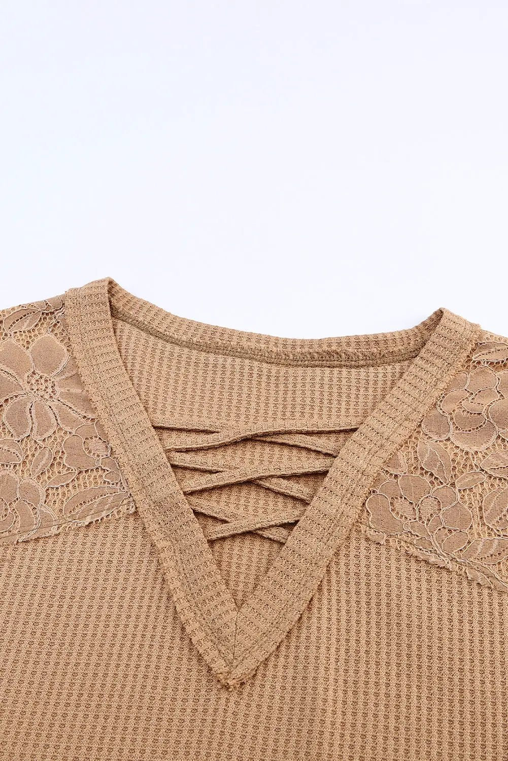 Grateful Threads Boutique Apricot Lace Waffle Patchwork Strappy V-Neck Long Sleeve Top - Shirts