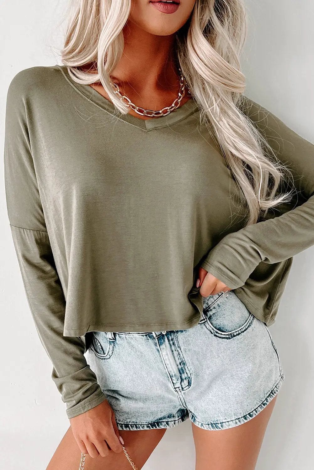 Grateful Threads Boutique The Sage Green Cropped V - T-Shirts