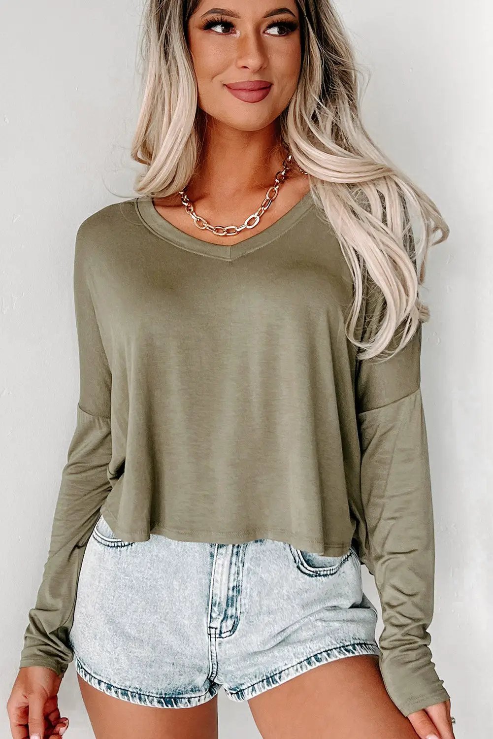 Grateful Threads Boutique The Sage Green Cropped V - T-Shirts