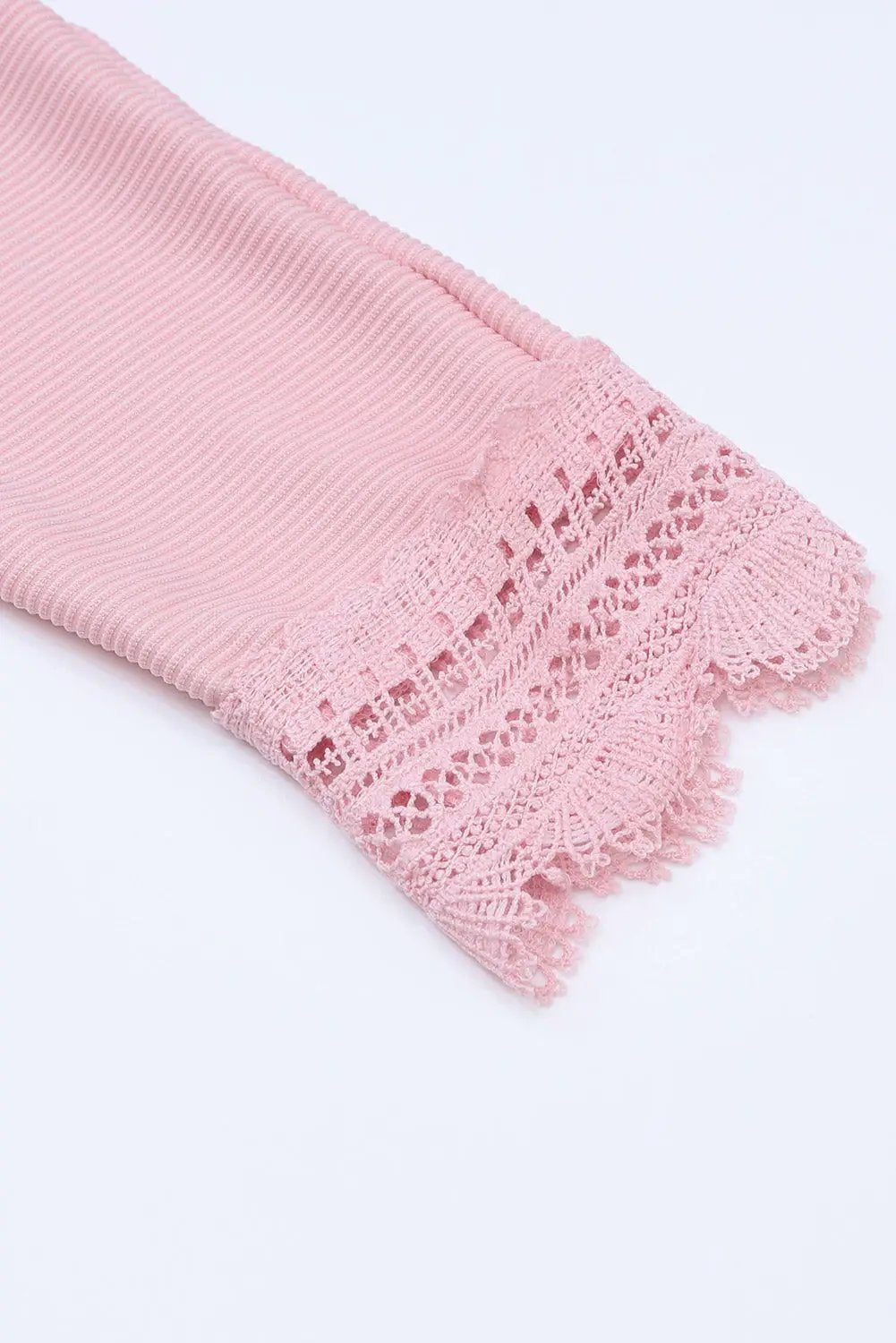 Grateful Threads Boutique Pink Ribbed Texture Lace V Neck Long Sleeve Top - Blouses