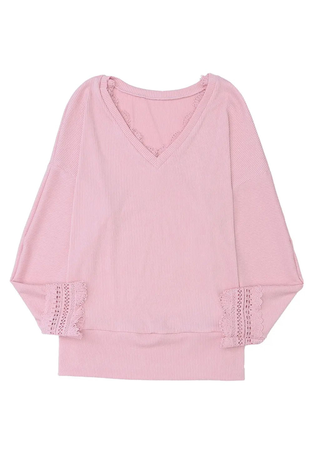 Grateful Threads Boutique Pink Ribbed Texture Lace V Neck Long Sleeve Top - Blouses