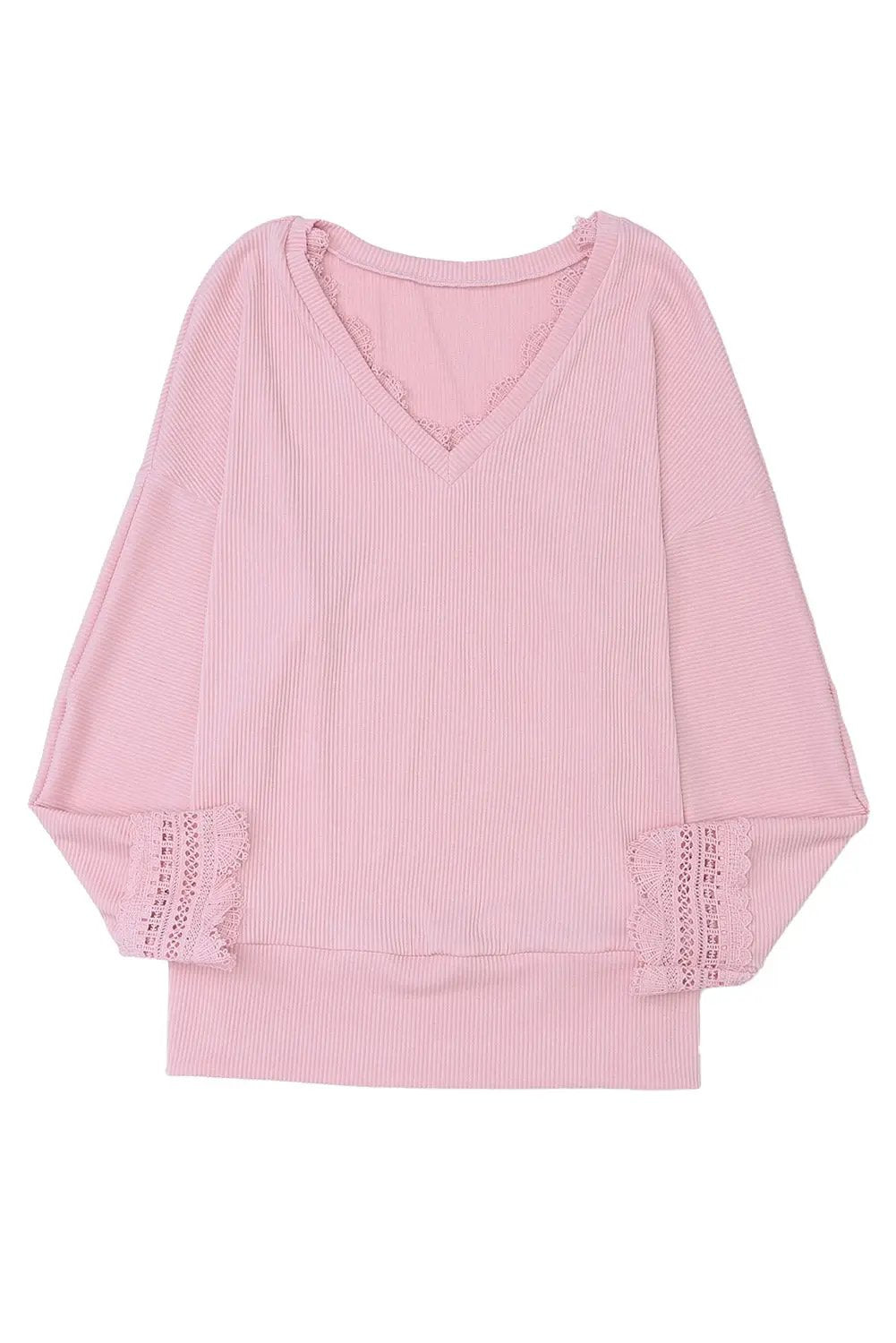 Grateful Threads Boutique Pink Ribbed Texture Lace V Neck Long Sleeve Top - Blouses