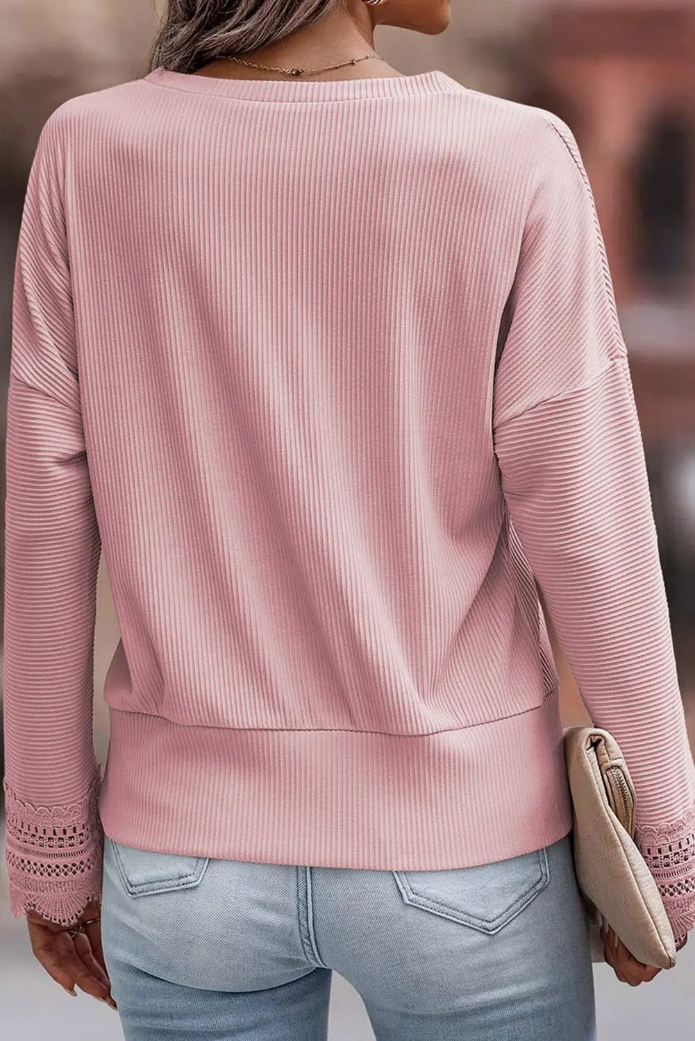 Grateful Threads Boutique Pink Ribbed Texture Lace V Neck Long Sleeve Top - Blouses