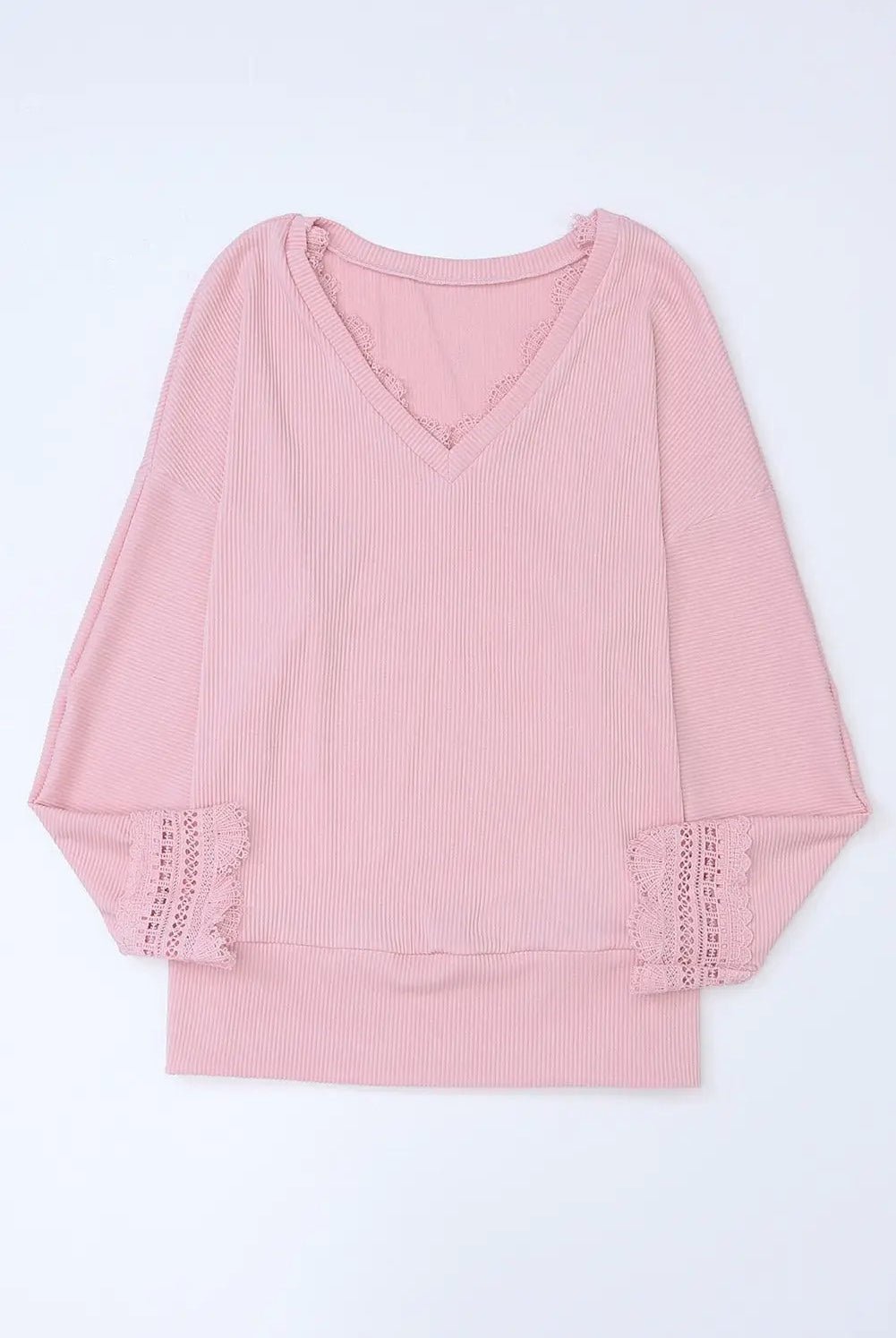 Grateful Threads Boutique Pink Ribbed Texture Lace V Neck Long Sleeve Top - Blouses