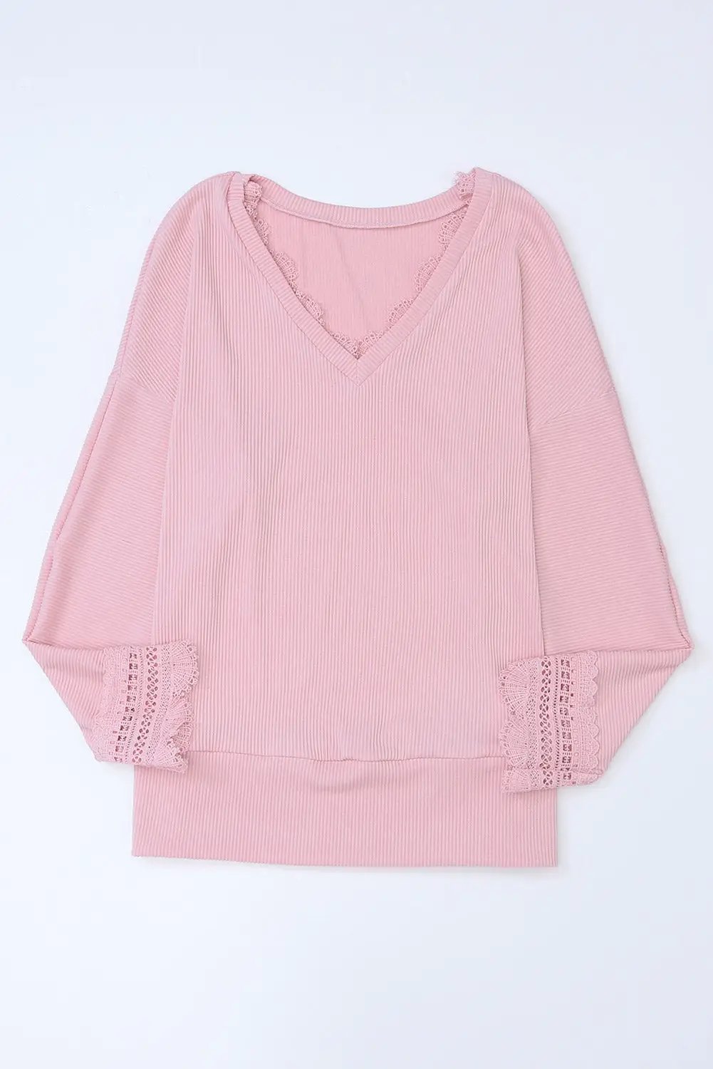 Grateful Threads Boutique Pink Ribbed Texture Lace V Neck Long Sleeve Top - Blouses