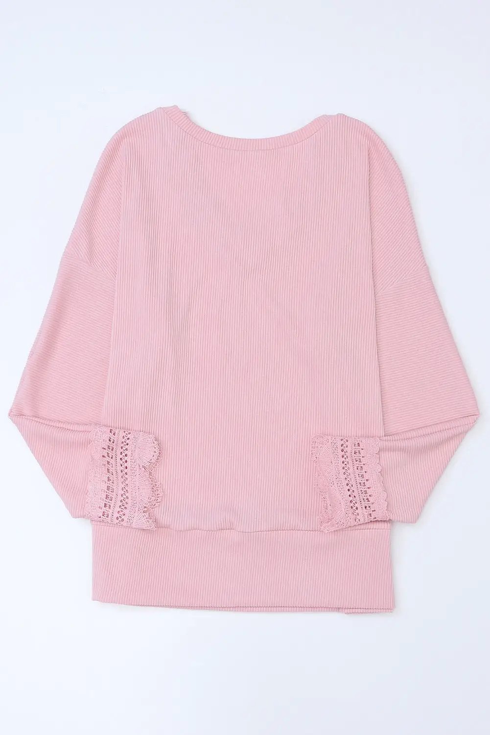 Grateful Threads Boutique Pink Ribbed Texture Lace V Neck Long Sleeve Top - Blouses