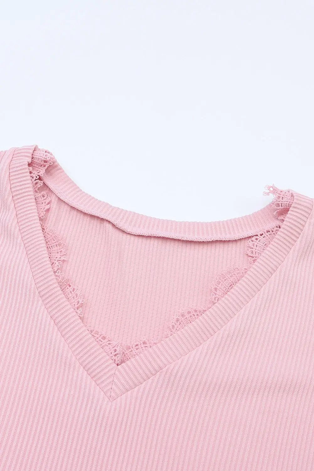 Grateful Threads Boutique Pink Ribbed Texture Lace V Neck Long Sleeve Top - Blouses