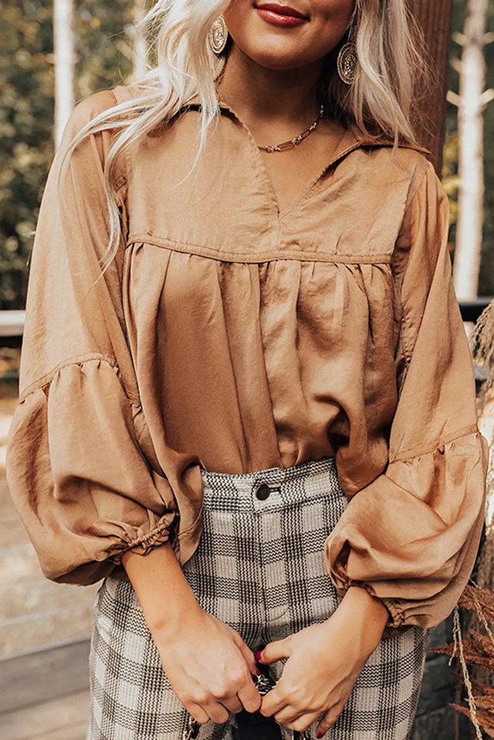 Grateful Threads Boutique Brown Puff Sleeve Collared Pleated Babydoll Blouse - Dresses