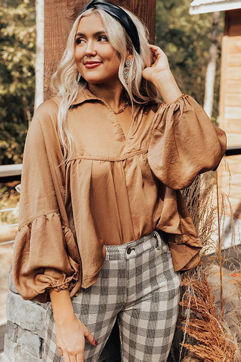 Grateful Threads Boutique Brown Puff Sleeve Collared Pleated Babydoll Blouse - Dresses