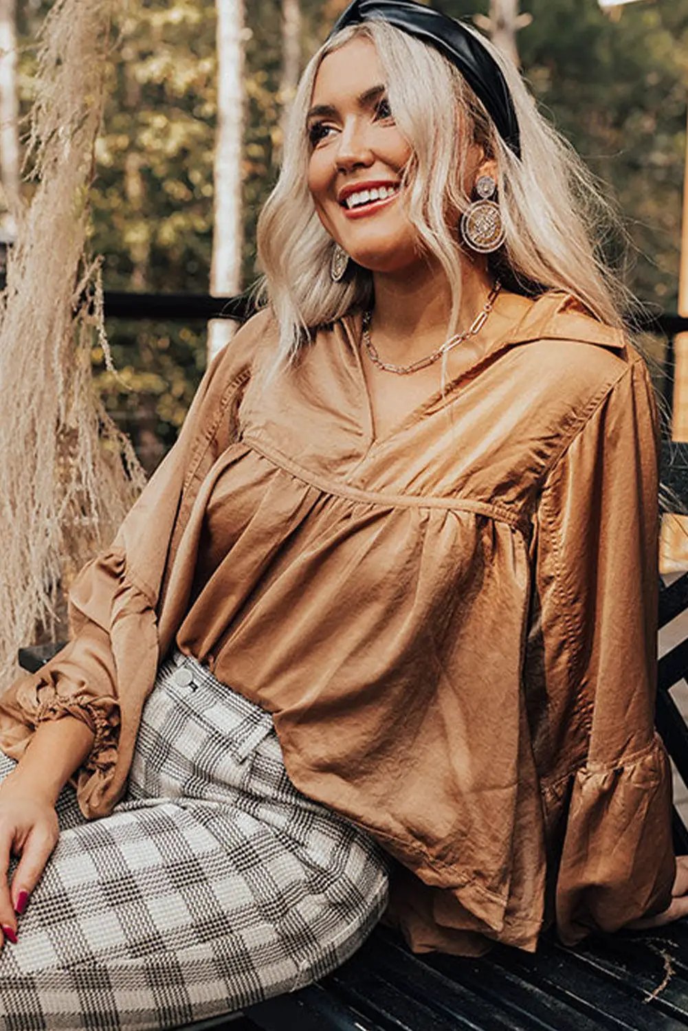 Grateful Threads Boutique Brown Puff Sleeve Collared Pleated Babydoll Blouse - Dresses