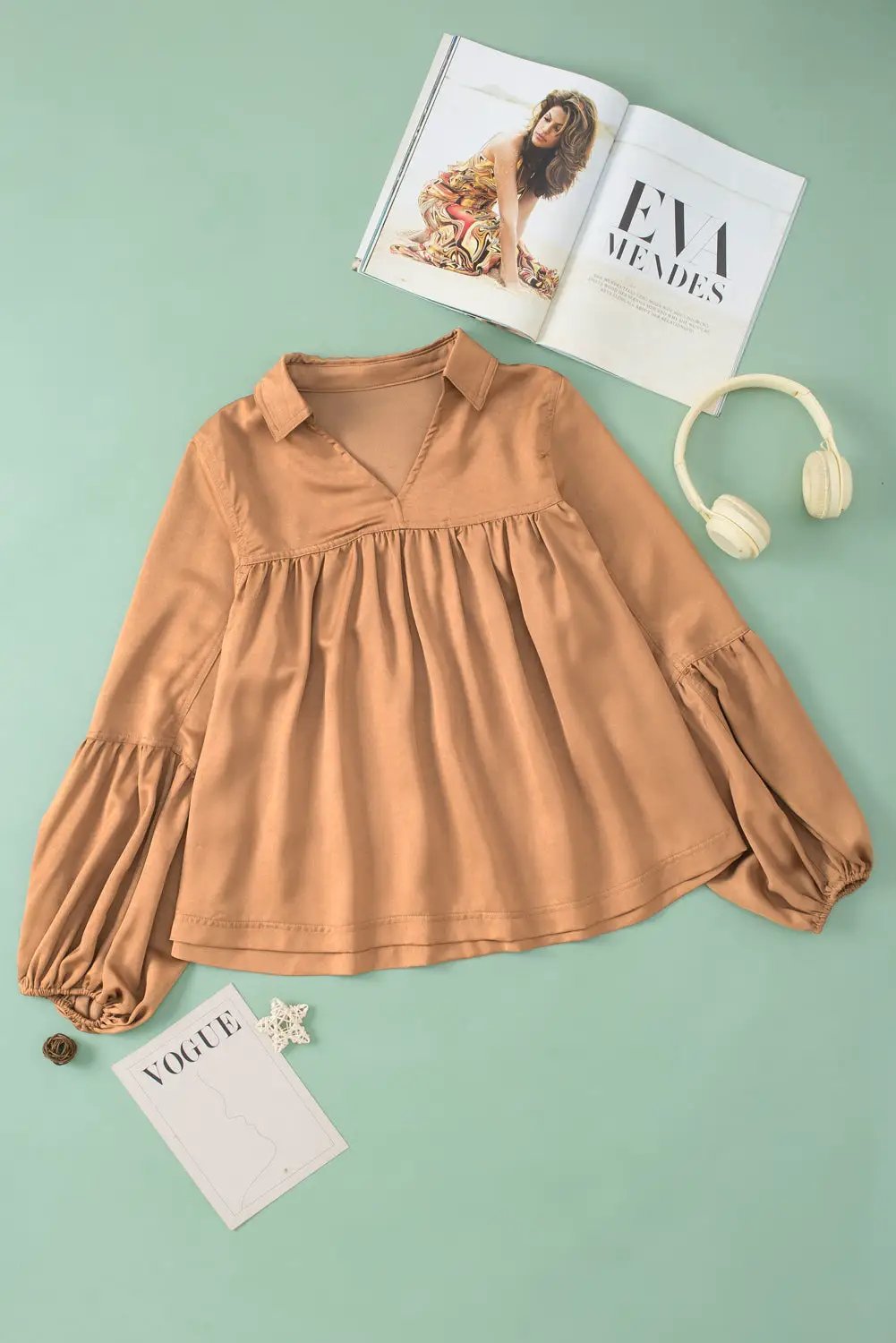 Grateful Threads Boutique Brown Puff Sleeve Collared Pleated Babydoll Blouse - Dresses