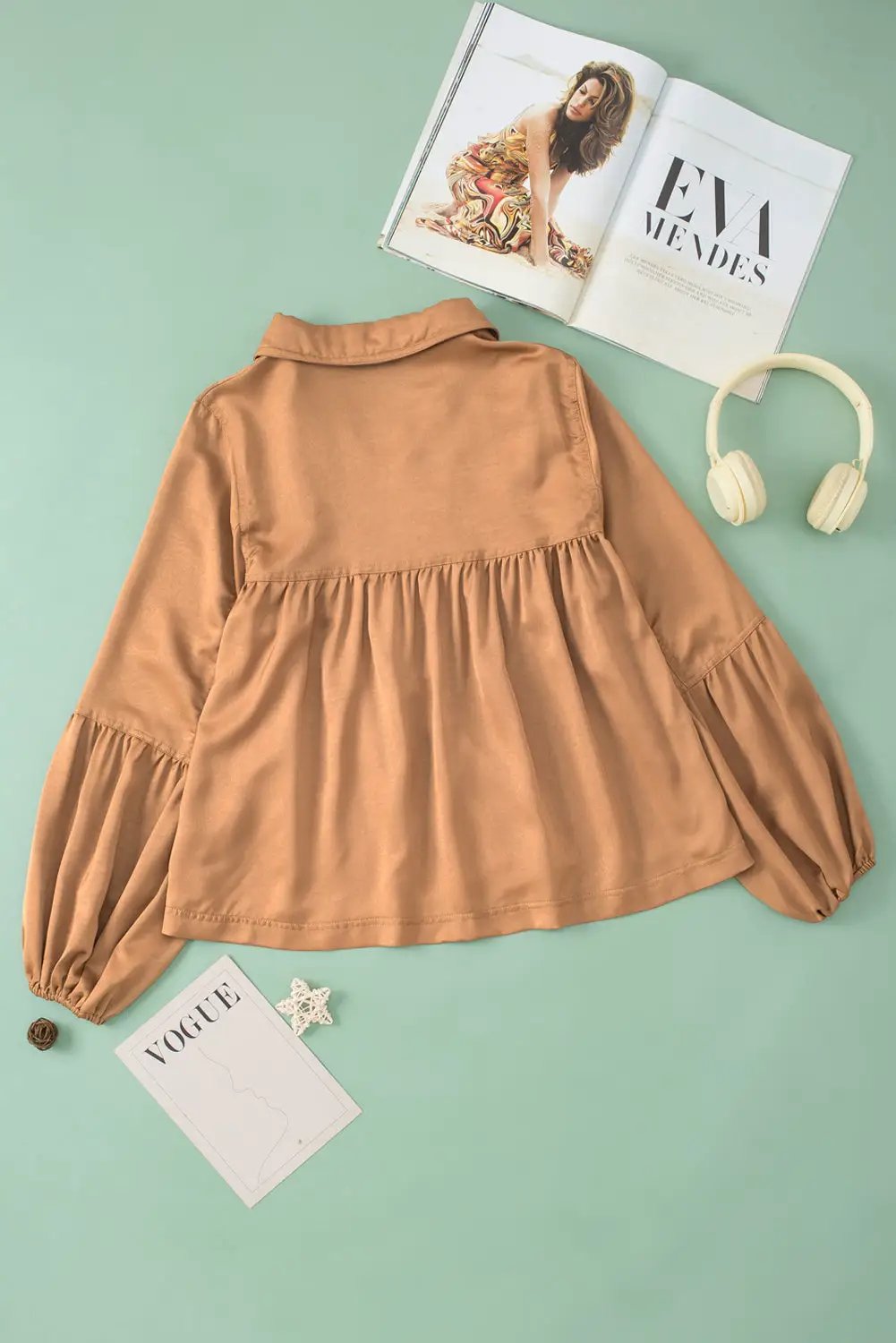 Grateful Threads Boutique Brown Puff Sleeve Collared Pleated Babydoll Blouse - Dresses