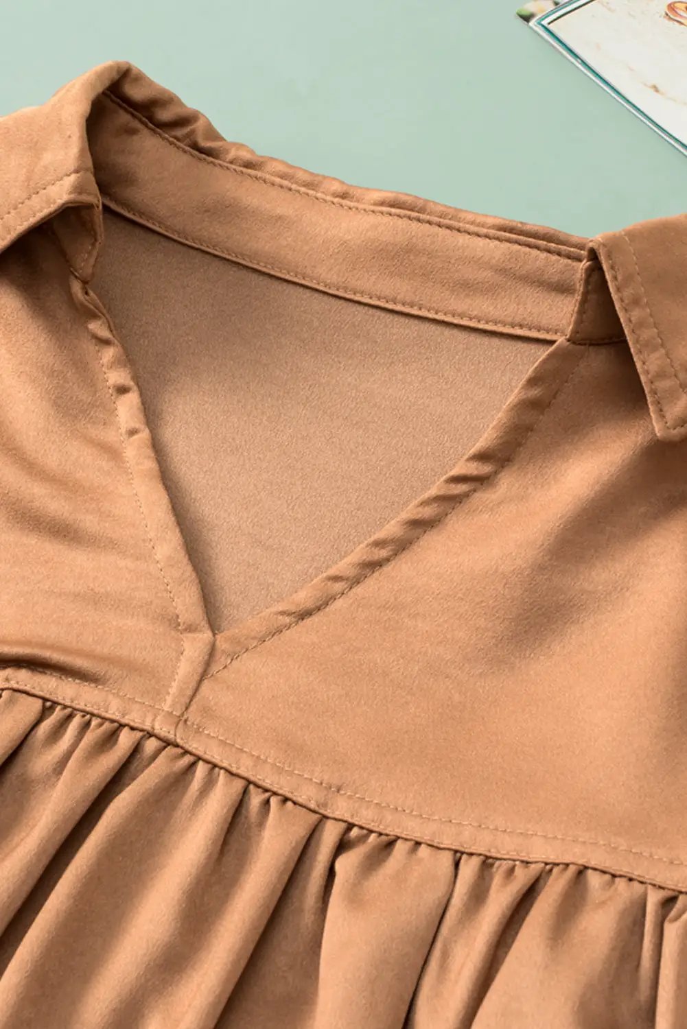 Grateful Threads Boutique Brown Puff Sleeve Collared Pleated Babydoll Blouse - Dresses