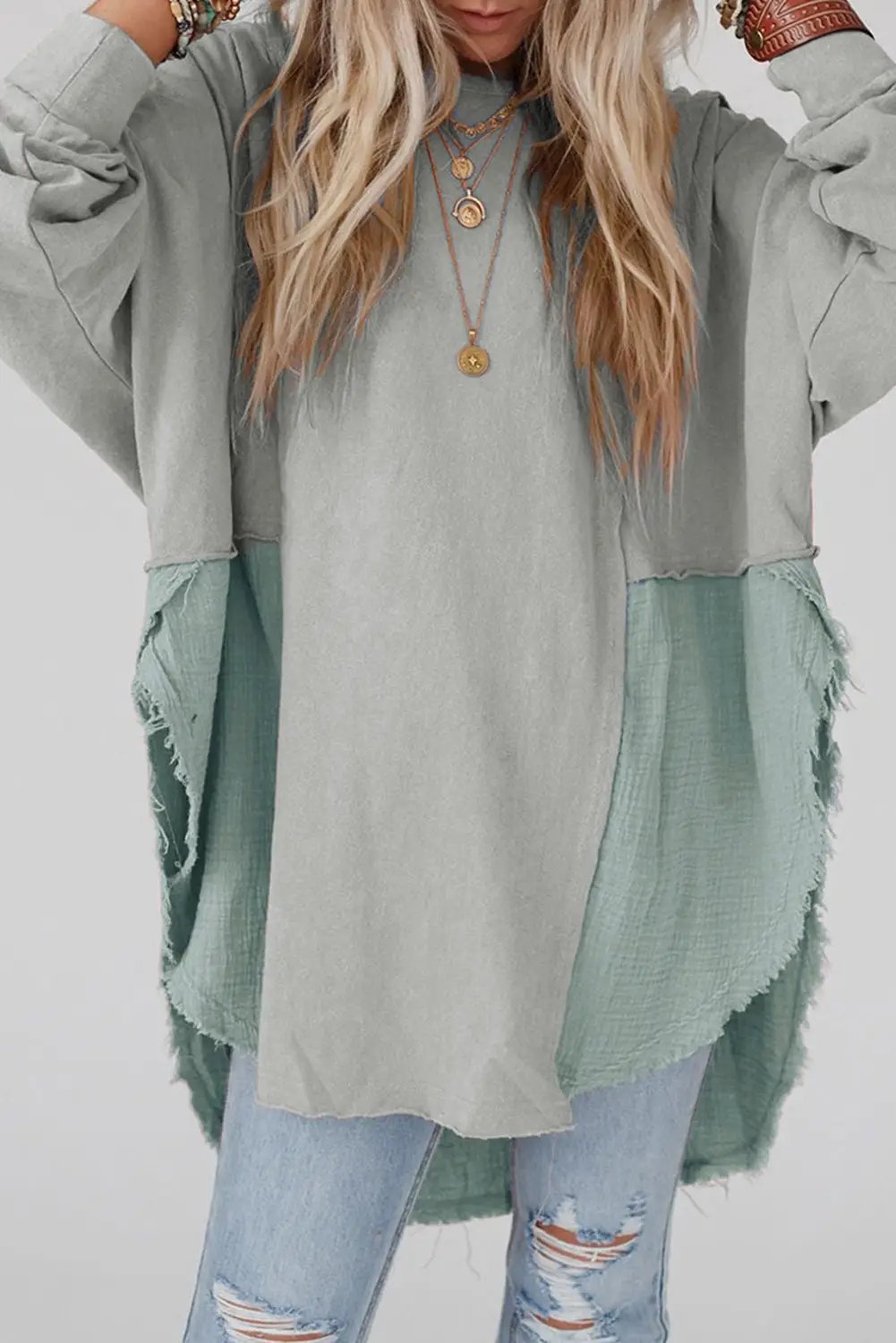 Grateful Threads Boutique Grey Crinkle Splicing Raw Hem High Low Oversized Blouse - Blouses Grey Crinkle Splicing Raw Hem High Low Oversized Blouse