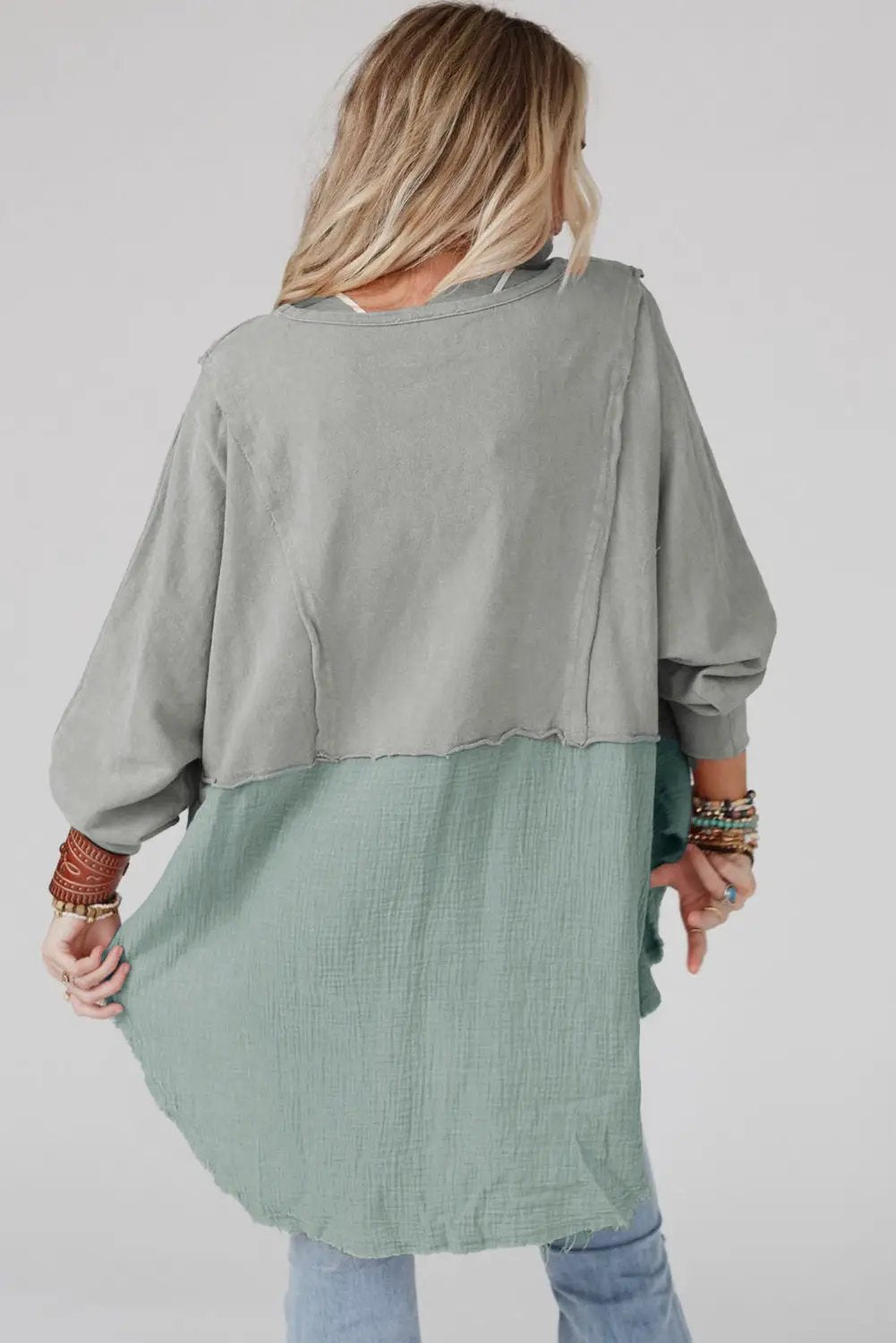 Grateful Threads Boutique Grey Crinkle Splicing Raw Hem High Low Oversized Blouse - Blouses Grey Crinkle Splicing Raw Hem High Low Oversized Blouse